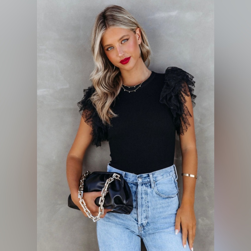 Dotty Mesh Ruffle Sleeve Ribbed Knit Top - Picture 1 of 9